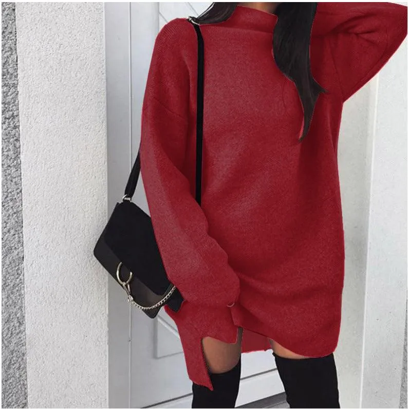 Women's loose knit high neck split dress