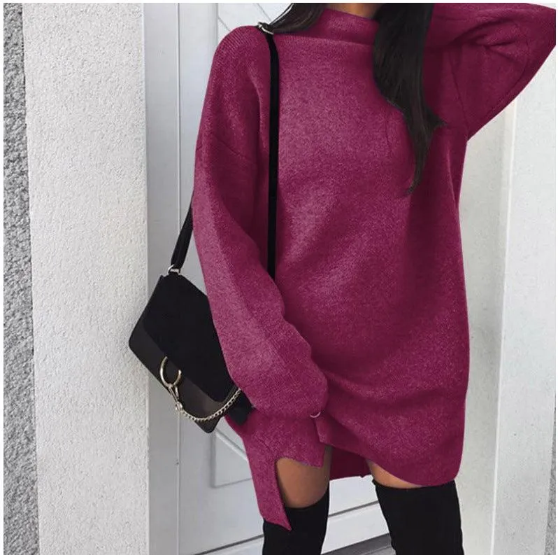 Women's loose knit high neck split dress