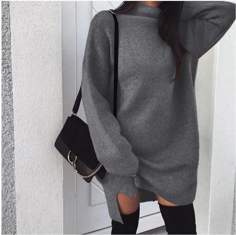 Women's loose knit high neck split dress