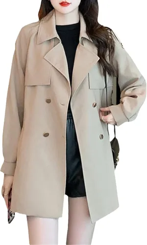 Womens Mid-Long Trench Coat Double Breasted Classic Lapel Overcoat Belted Notch Lapel Jacket Windproof Outerwear