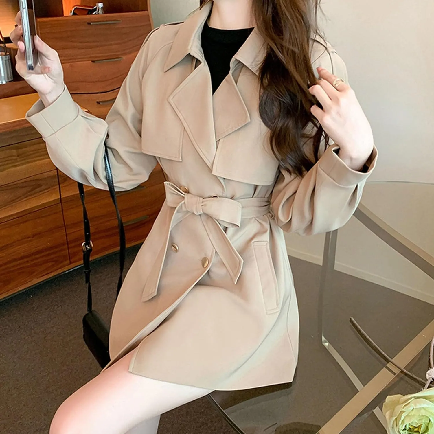 Womens Mid-Long Trench Coat Double Breasted Classic Lapel Overcoat Belted Notch Lapel Jacket Windproof Outerwear