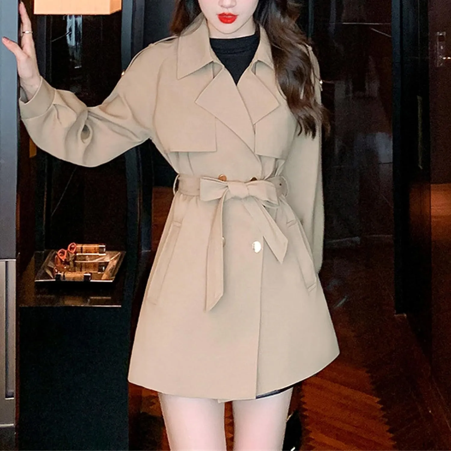 Womens Mid-Long Trench Coat Double Breasted Classic Lapel Overcoat Belted Notch Lapel Jacket Windproof Outerwear