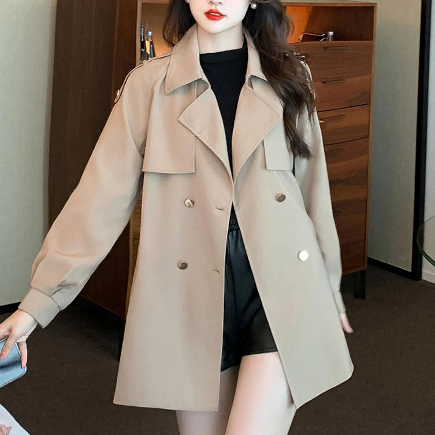 Womens Mid-Long Trench Coat Double Breasted Classic Lapel Overcoat Belted Notch Lapel Jacket Windproof Outerwear