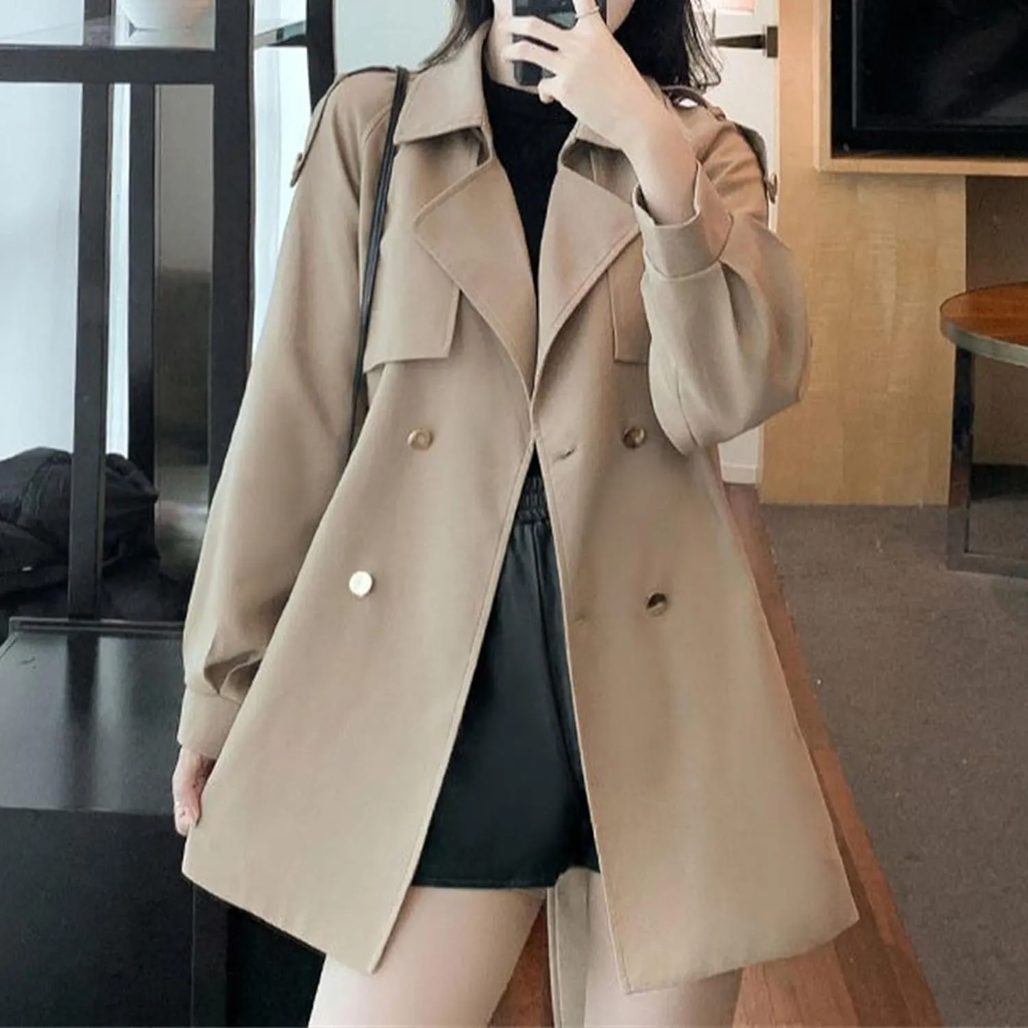 Womens Mid-Long Trench Coat Double Breasted Classic Lapel Overcoat Belted Notch Lapel Jacket Windproof Outerwear