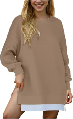 Womens Oversized Sweatshirt Crewneck Long Sleeve Tunic Pollover Shirt Side Zipper Hoodie Tops 2025 Spring Clothes