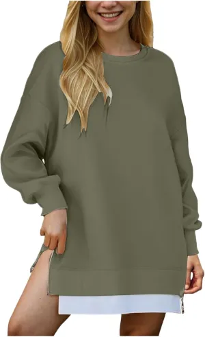 Womens Oversized Sweatshirt Crewneck Long Sleeve Tunic Pollover Shirt Side Zipper Hoodie Tops 2025 Spring Clothes