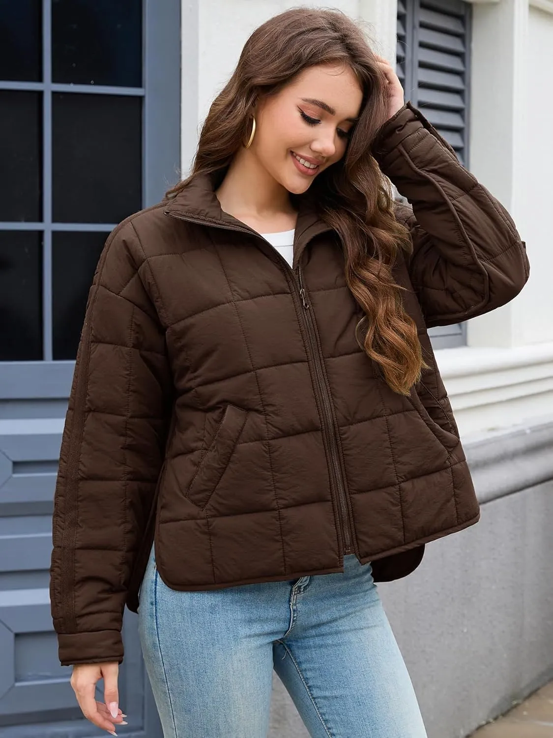 Women's Quilted Lightweight Jackets Down Coat Long Sleeve Zipper Oversized Packable Short Puffer Jackets