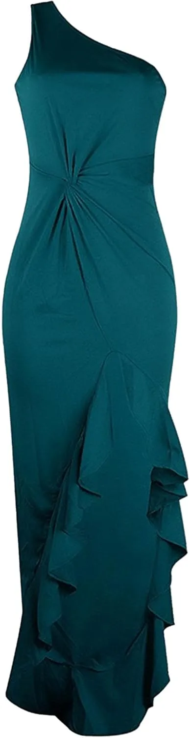 Women's Ruffle High Split Cocktail Party Dress Slim Fit Sleeveless Wedding Dress One Shoulder Sexy Prom Eveing Dresses
