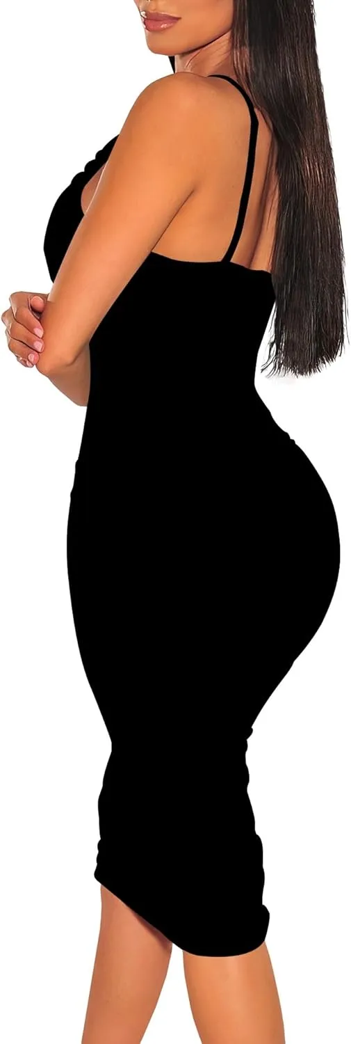 Women's Sexy V Neck Spaghetti Strap Sleeveless Casual Summer Wrap Ruched Side Slit Bodycon Cocktail Party Wedding Guest Dress