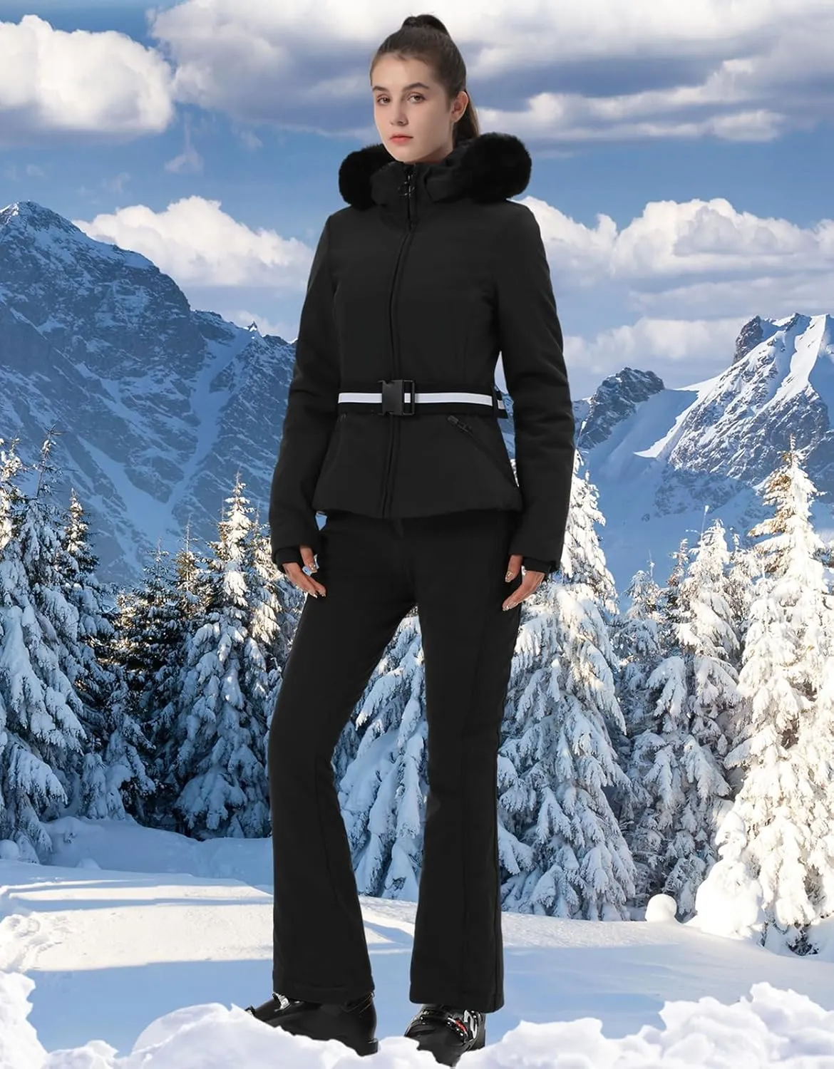 Women's Ski Jacket Snowboard Warm Winter Short Slim Snow Coat Jacket Mountain Windproof Waterproof Insulated Hooded