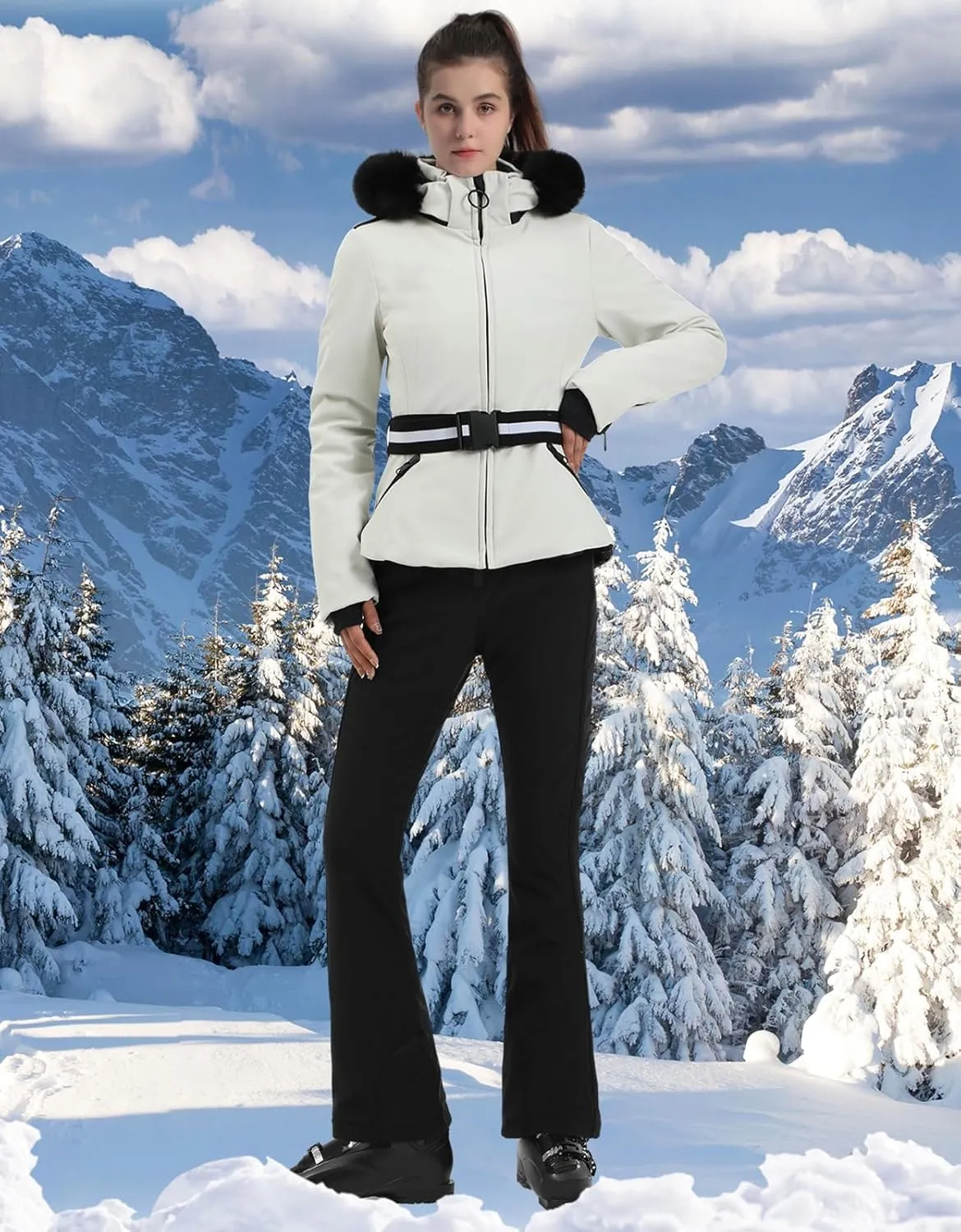 Women's Ski Jacket Snowboard Warm Winter Short Slim Snow Coat Jacket Mountain Windproof Waterproof Insulated Hooded