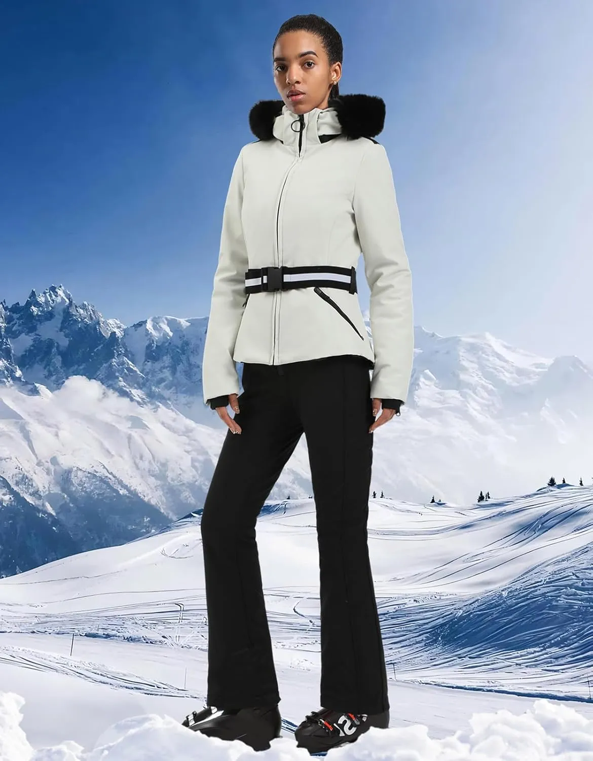 Women's Ski Jacket Snowboard Warm Winter Short Slim Snow Coat Jacket Mountain Windproof Waterproof Insulated Hooded