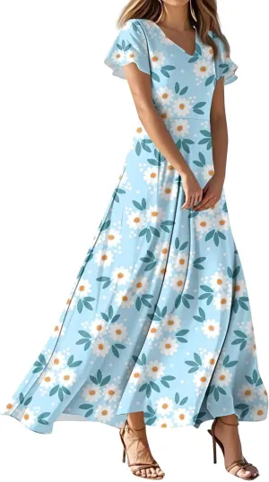 Women's Summer Dress 2025 Short Sleeve V-Neck Boho Floral Printed Flowy Swing Sundress Wedding Guest Dresses
