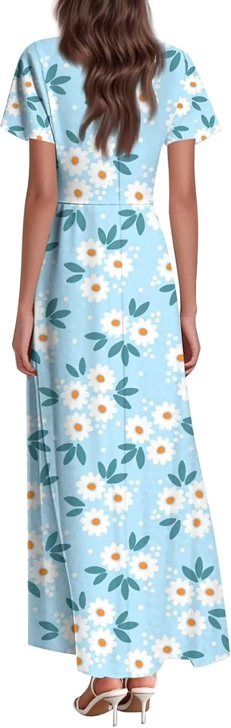 Women's Summer Dress 2025 Short Sleeve V-Neck Boho Floral Printed Flowy Swing Sundress Wedding Guest Dresses