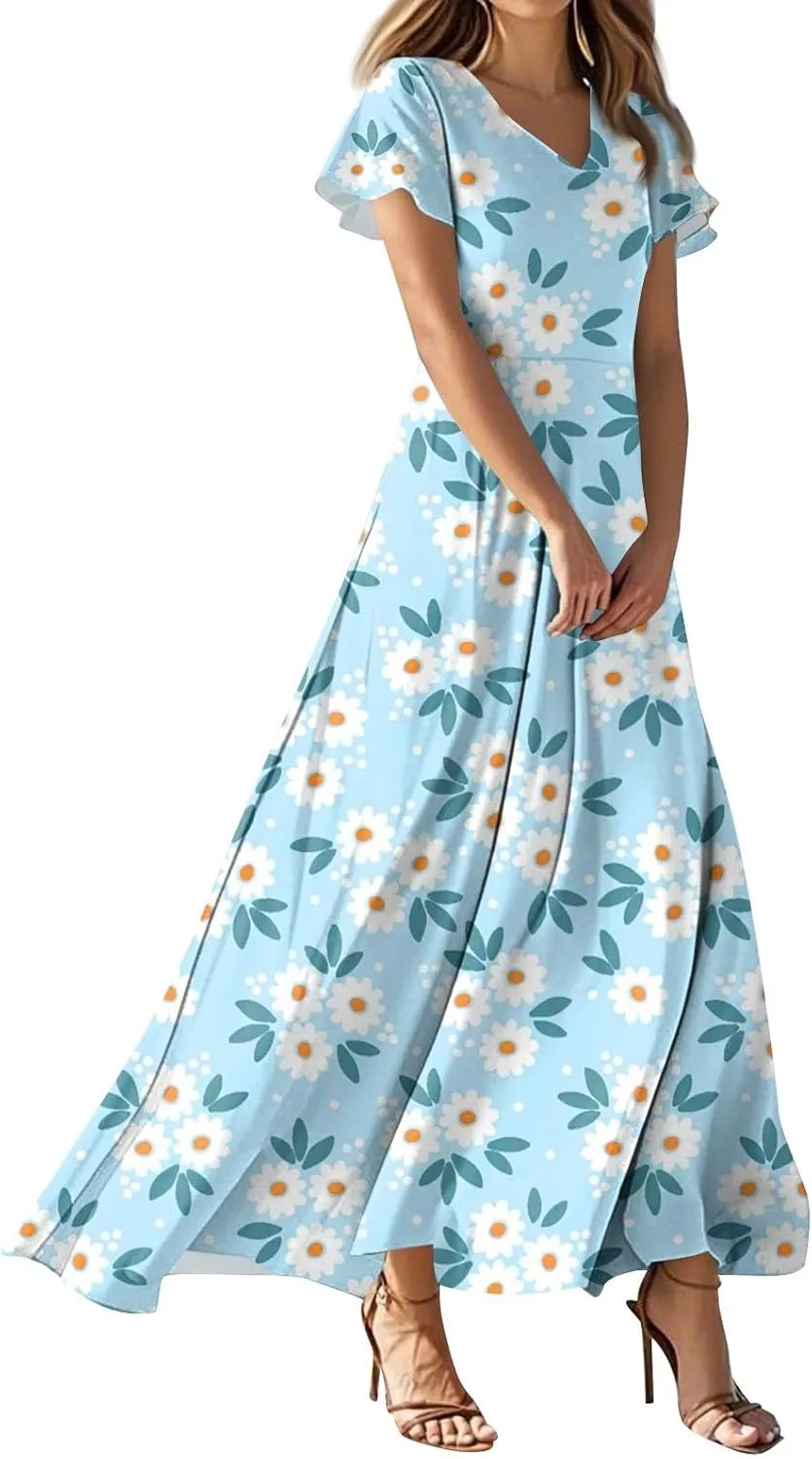 Women's Summer Dress 2025 Short Sleeve V-Neck Boho Floral Printed Flowy Swing Sundress Wedding Guest Dresses
