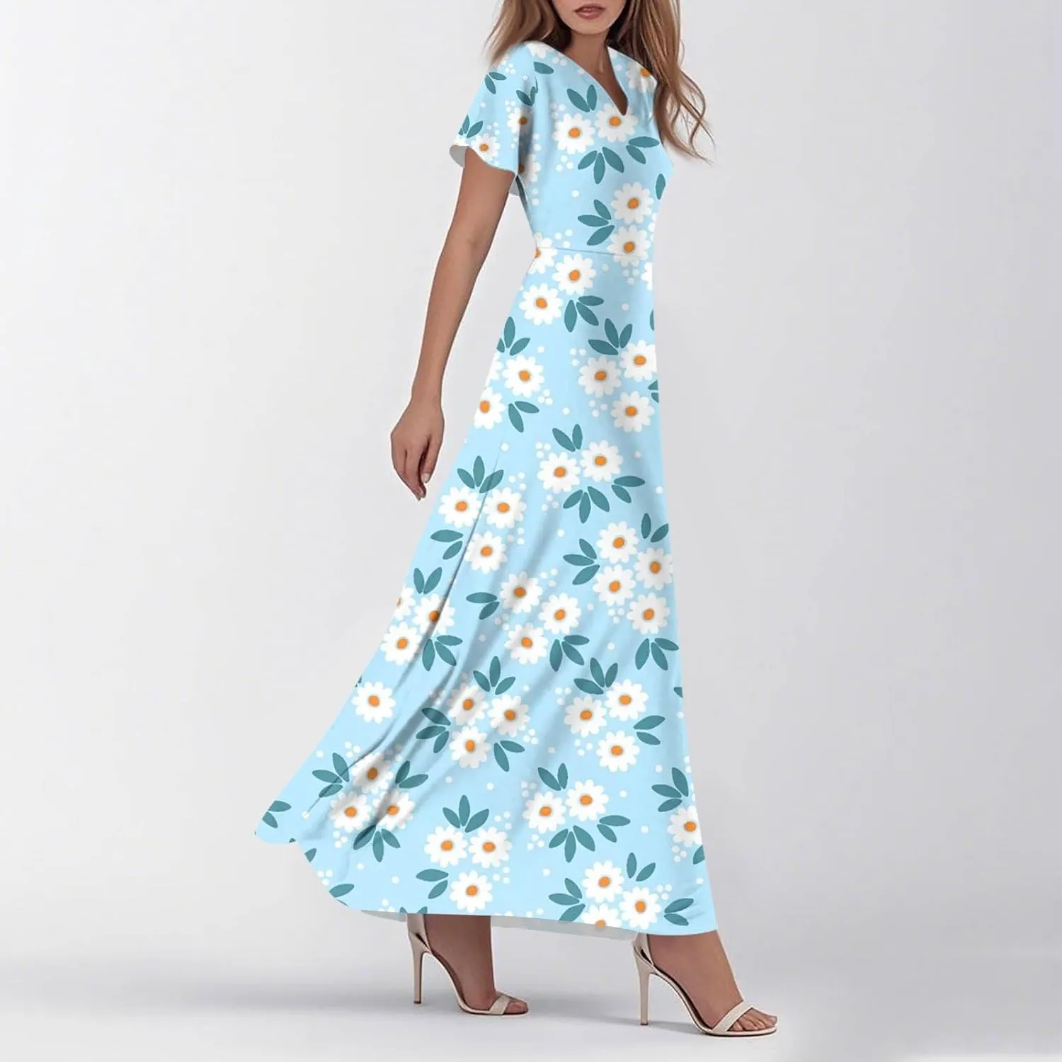 Women's Summer Dress 2025 Short Sleeve V-Neck Boho Floral Printed Flowy Swing Sundress Wedding Guest Dresses