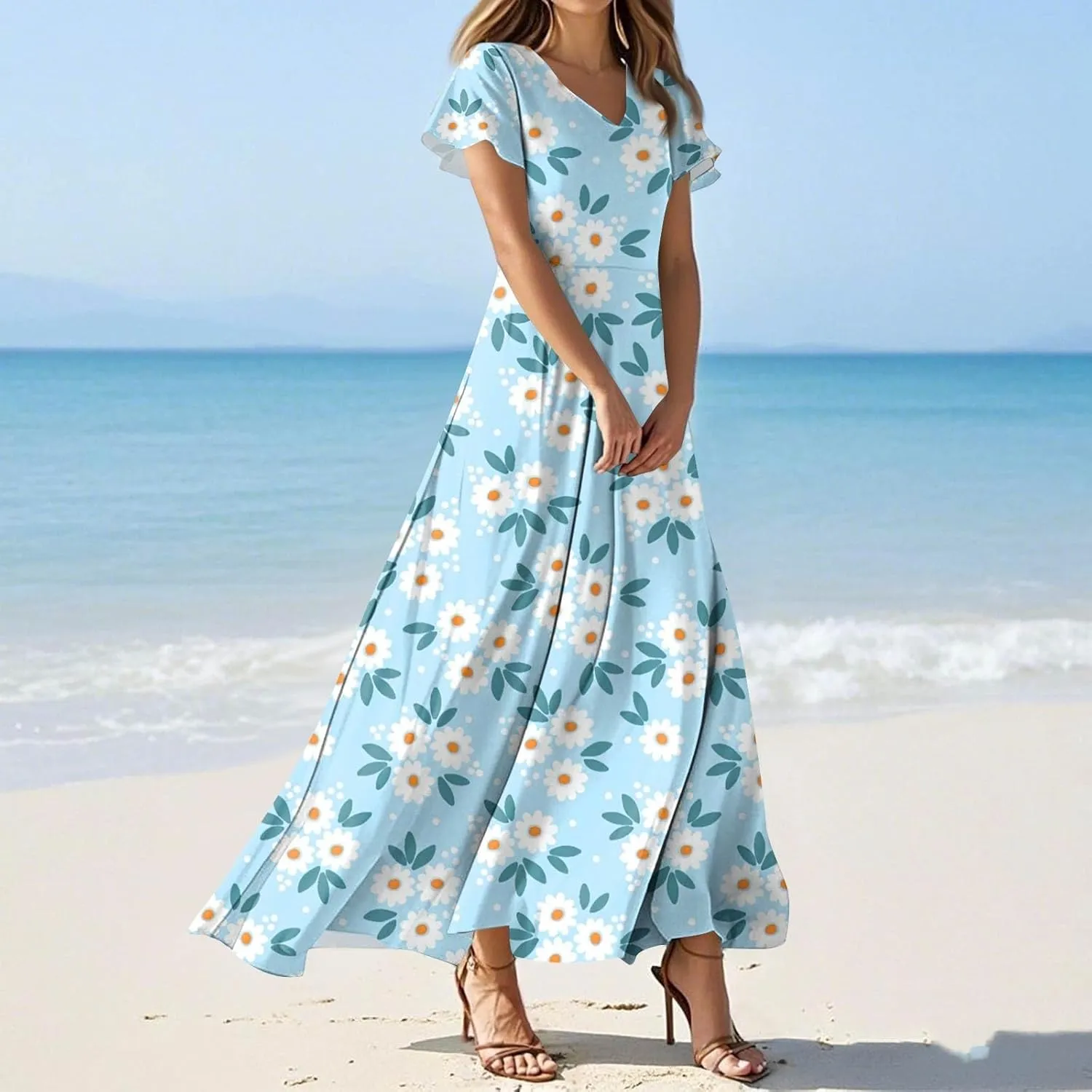 Women's Summer Dress 2025 Short Sleeve V-Neck Boho Floral Printed Flowy Swing Sundress Wedding Guest Dresses