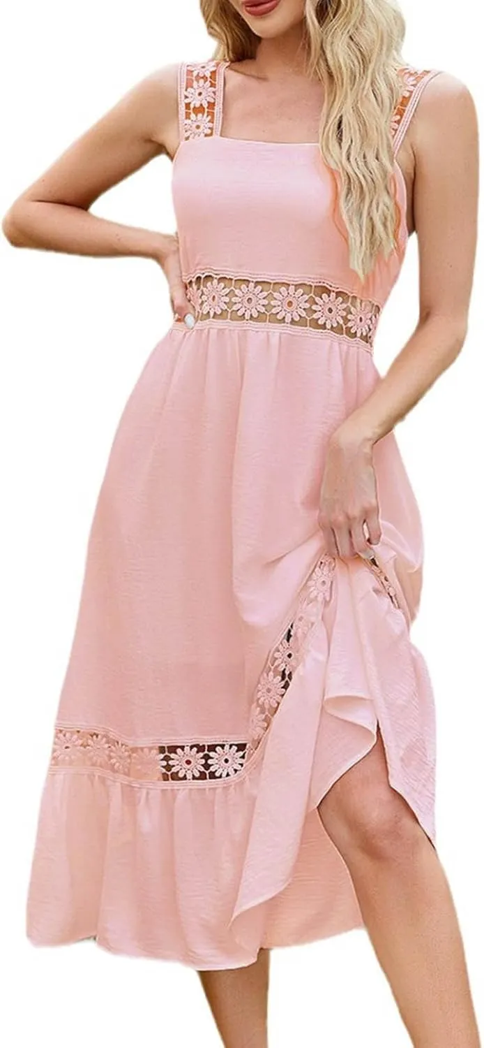 Women's Summer Dresses Casual Sleeveless Boho Maxi Dress Square Neck Long Smocked Floral Beach Vacation Sundresses