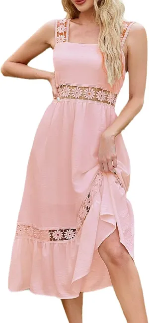 Women's Summer Dresses Casual Sleeveless Boho Maxi Dress Square Neck Long Smocked Floral Beach Vacation Sundresses