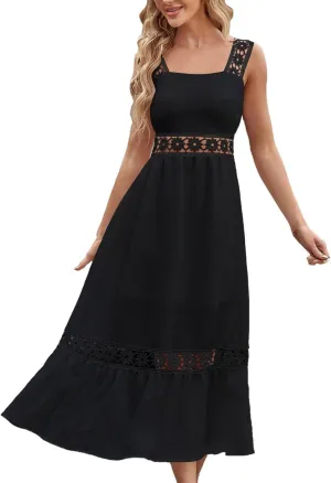 Women's Summer Dresses Casual Sleeveless Boho Maxi Dress Square Neck Long Smocked Floral Beach Vacation Sundresses