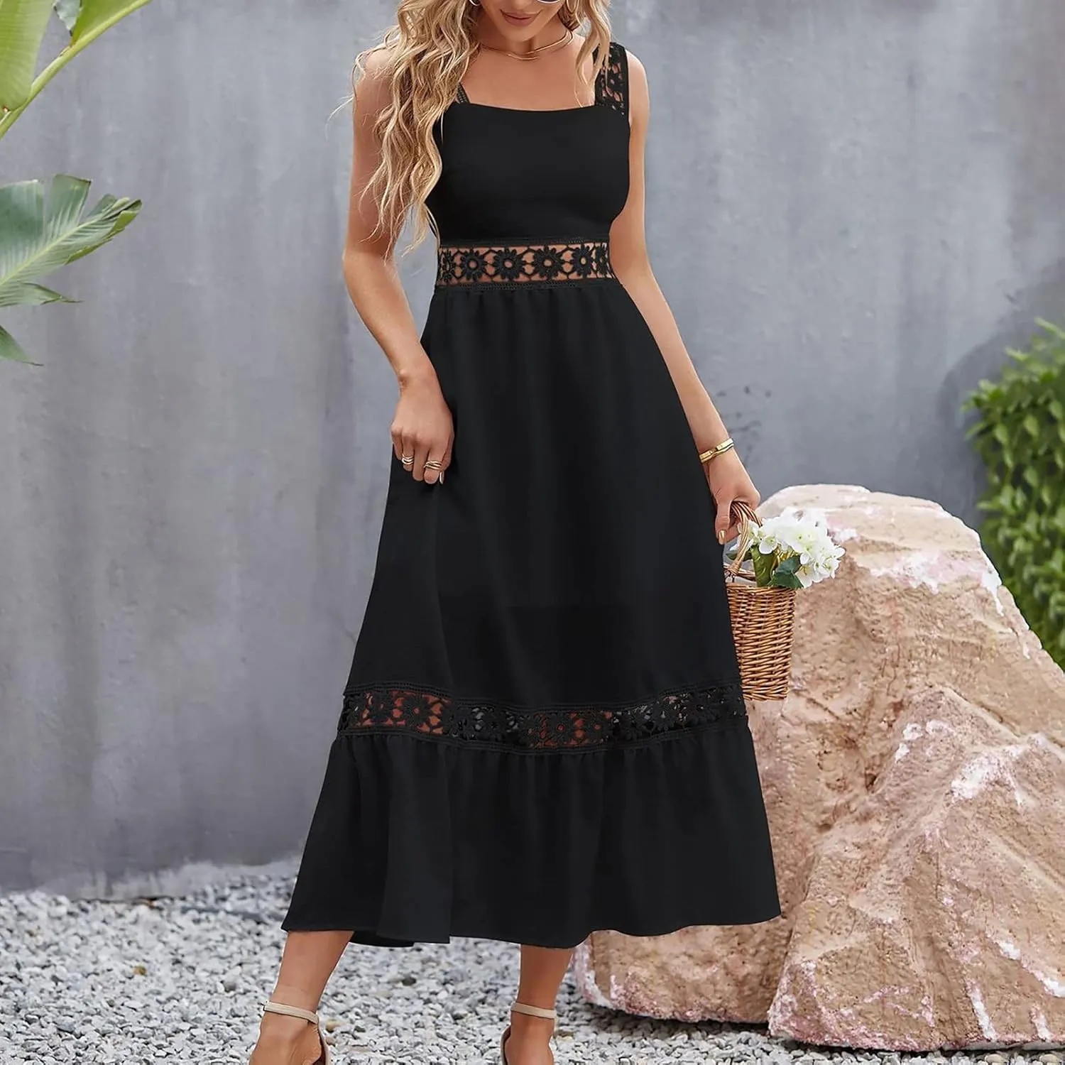 Women's Summer Dresses Casual Sleeveless Boho Maxi Dress Square Neck Long Smocked Floral Beach Vacation Sundresses