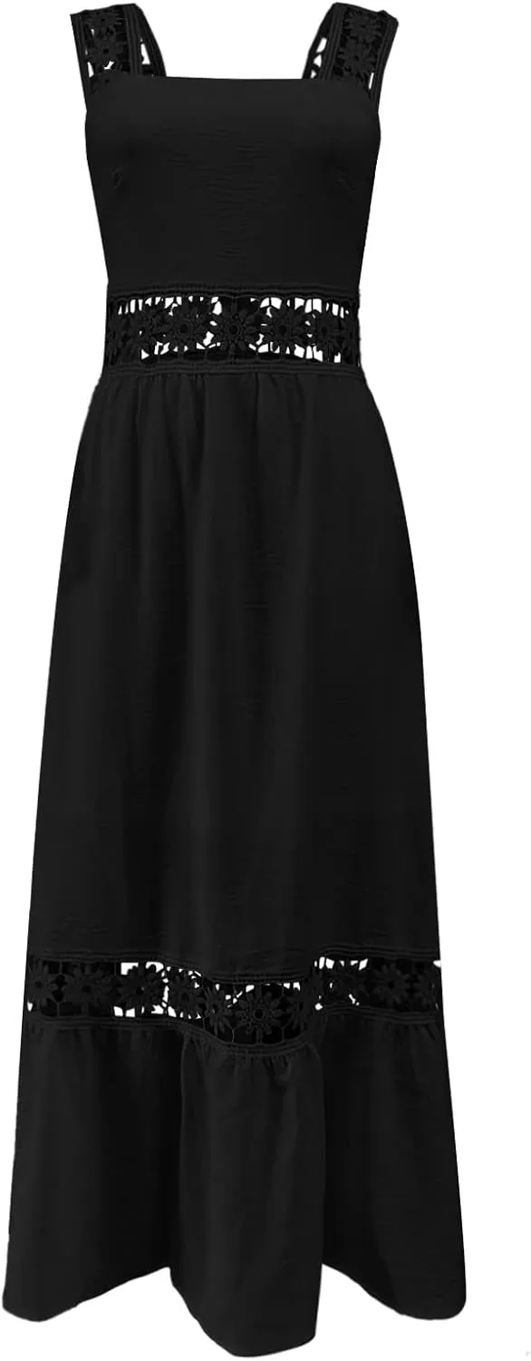 Women's Summer Dresses Casual Sleeveless Boho Maxi Dress Square Neck Long Smocked Floral Beach Vacation Sundresses