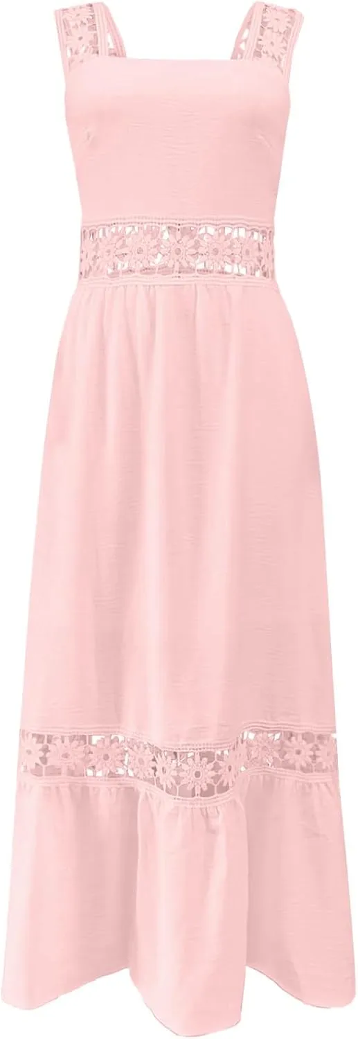 Women's Summer Dresses Casual Sleeveless Boho Maxi Dress Square Neck Long Smocked Floral Beach Vacation Sundresses
