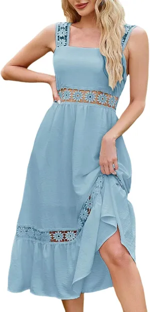Women's Summer Dresses Casual Sleeveless Boho Maxi Dress Square Neck Long Smocked Floral Beach Vacation Sundresses