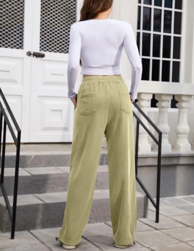Women's Wide Leg Pants with Pockets Casual Sweatpants Elastic Waist Drawstring Comfy Lounge Flowy Pants