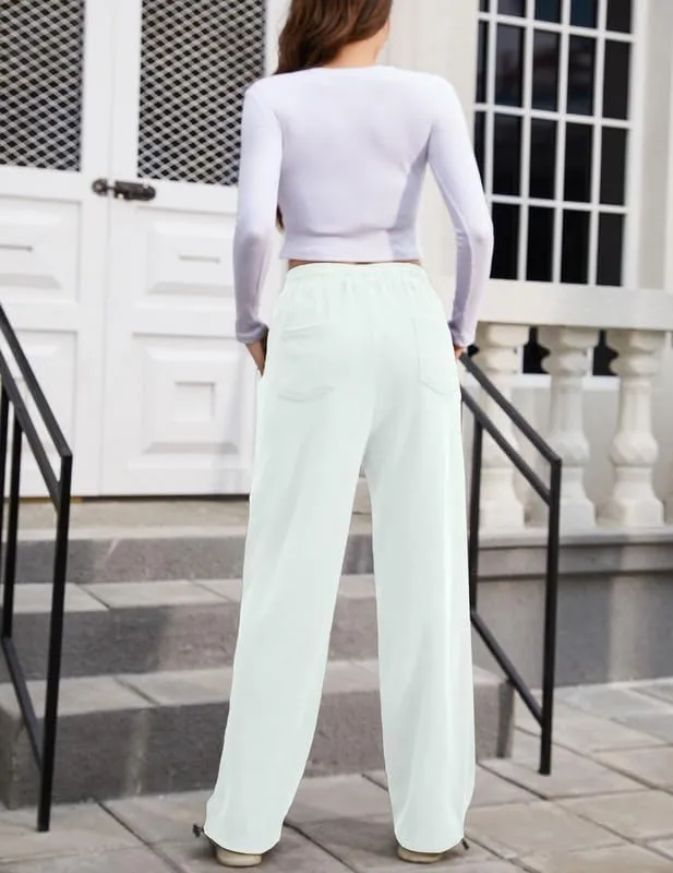 Women's Wide Leg Pants with Pockets Casual Sweatpants Elastic Waist Drawstring Comfy Lounge Flowy Pants