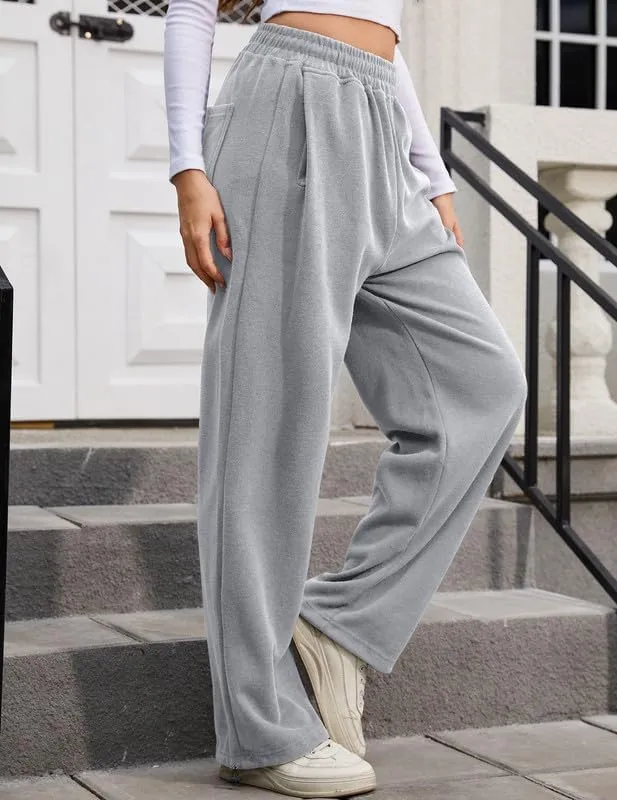 Women's Wide Leg Pants with Pockets Casual Sweatpants Elastic Waist Drawstring Comfy Lounge Flowy Pants