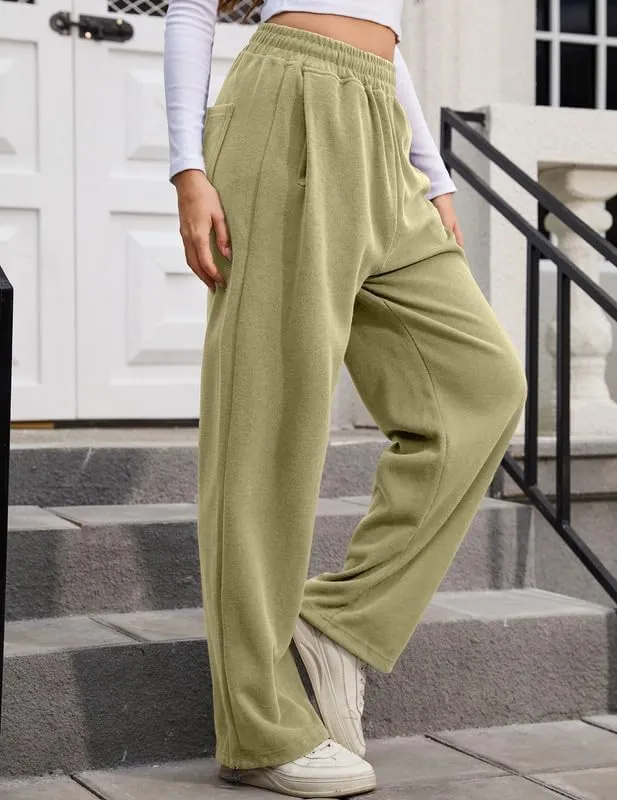 Women's Wide Leg Pants with Pockets Casual Sweatpants Elastic Waist Drawstring Comfy Lounge Flowy Pants