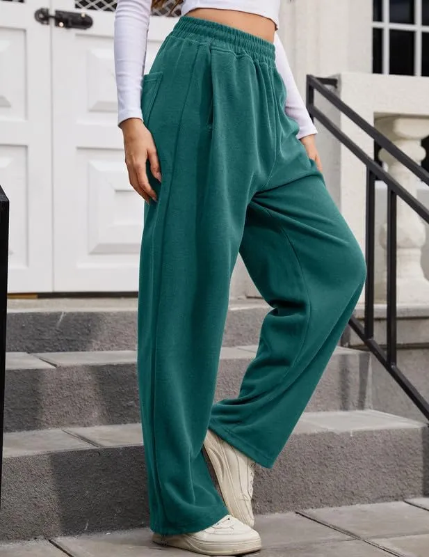 Women's Wide Leg Pants with Pockets Casual Sweatpants Elastic Waist Drawstring Comfy Lounge Flowy Pants