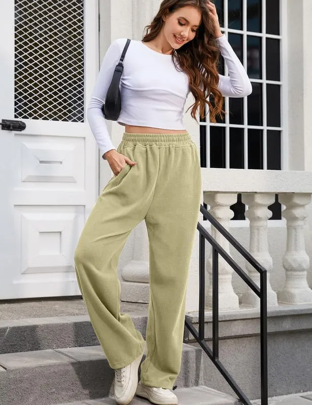 Women's Wide Leg Pants with Pockets Casual Sweatpants Elastic Waist Drawstring Comfy Lounge Flowy Pants
