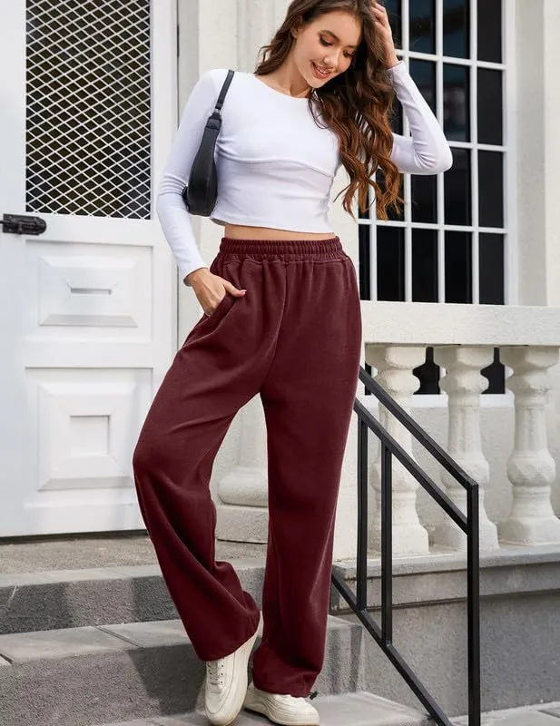 Women's Wide Leg Pants with Pockets Casual Sweatpants Elastic Waist Drawstring Comfy Lounge Flowy Pants