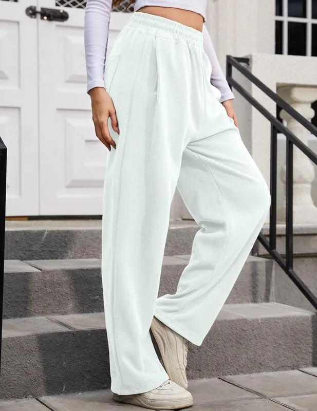 Women's Wide Leg Pants with Pockets Casual Sweatpants Elastic Waist Drawstring Comfy Lounge Flowy Pants