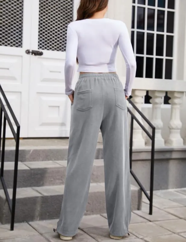 Women's Wide Leg Pants with Pockets Casual Sweatpants Elastic Waist Drawstring Comfy Lounge Flowy Pants