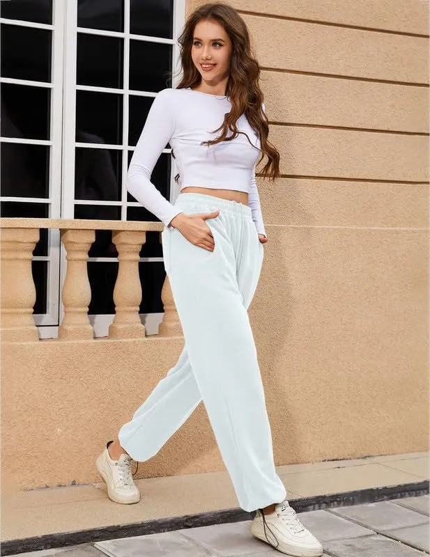 Women's Wide Leg Pants with Pockets Casual Sweatpants Elastic Waist Drawstring Comfy Lounge Flowy Pants