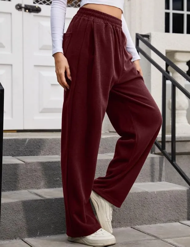 Women's Wide Leg Pants with Pockets Casual Sweatpants Elastic Waist Drawstring Comfy Lounge Flowy Pants