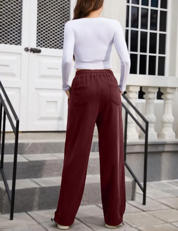 Women's Wide Leg Pants with Pockets Casual Sweatpants Elastic Waist Drawstring Comfy Lounge Flowy Pants