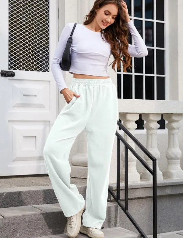 Women's Wide Leg Pants with Pockets Casual Sweatpants Elastic Waist Drawstring Comfy Lounge Flowy Pants