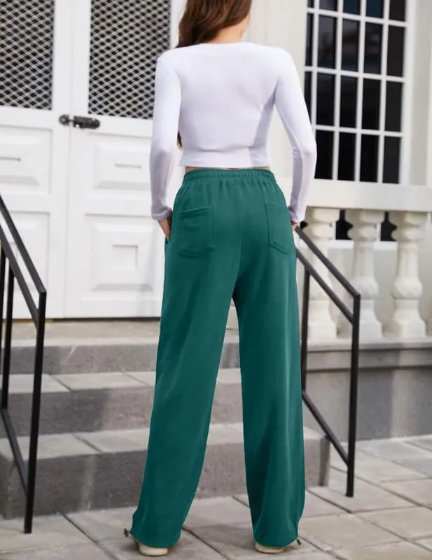 Women's Wide Leg Pants with Pockets Casual Sweatpants Elastic Waist Drawstring Comfy Lounge Flowy Pants