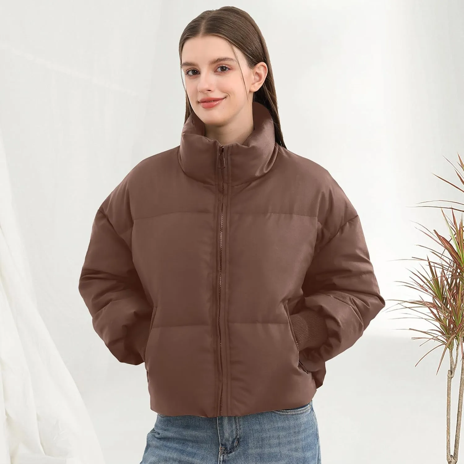 Womens Winter Cropped Puffer Jacket Coat Casual Quilted Baggy Long Sleeve Zip Down Jackets Outerwear