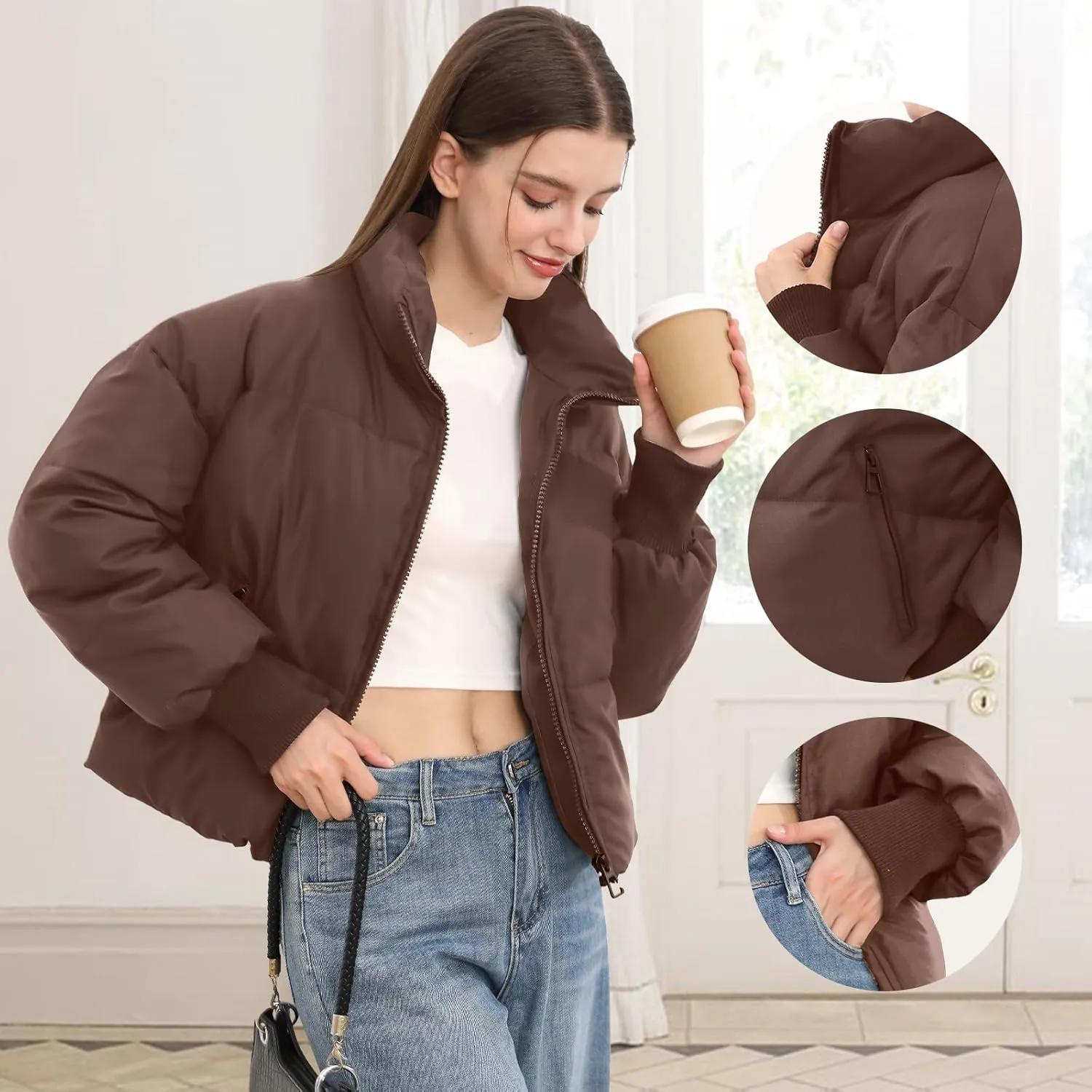 Womens Winter Cropped Puffer Jacket Coat Casual Quilted Baggy Long Sleeve Zip Down Jackets Outerwear
