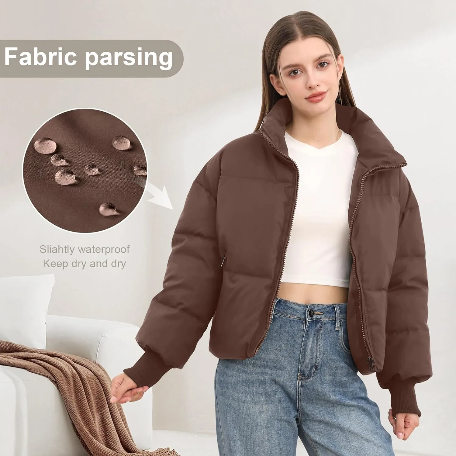 Womens Winter Cropped Puffer Jacket Coat Casual Quilted Baggy Long Sleeve Zip Down Jackets Outerwear