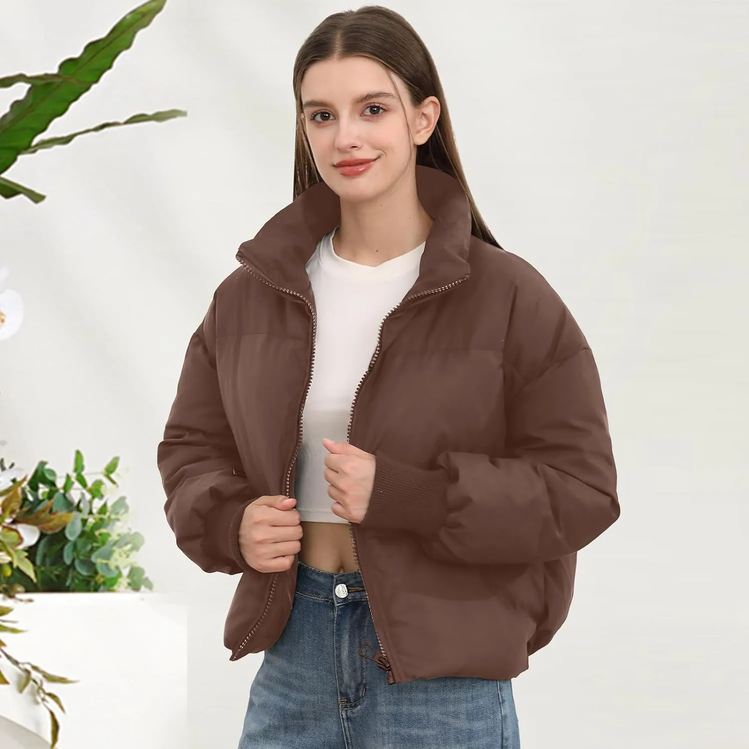 Womens Winter Cropped Puffer Jacket Coat Casual Quilted Baggy Long Sleeve Zip Down Jackets Outerwear