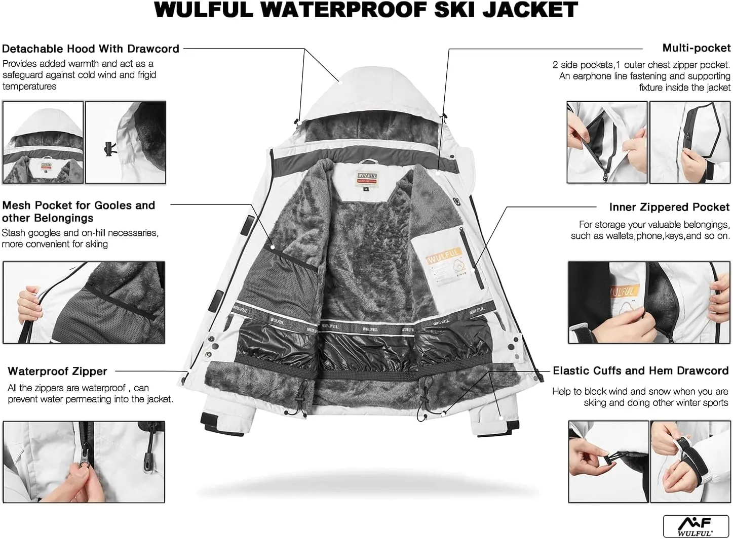 WULFUL Womens Waterproof Snow Ski Jacket Mountain Windproof Winter Coat with Detachable Hood