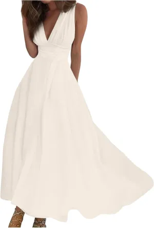 Yesunpxs Summer Dresses for Women 2024 Flowy Ruched Wrap V Neck Beach Dresses Sleeveless Printed Maxi Dress Boho Sundresses