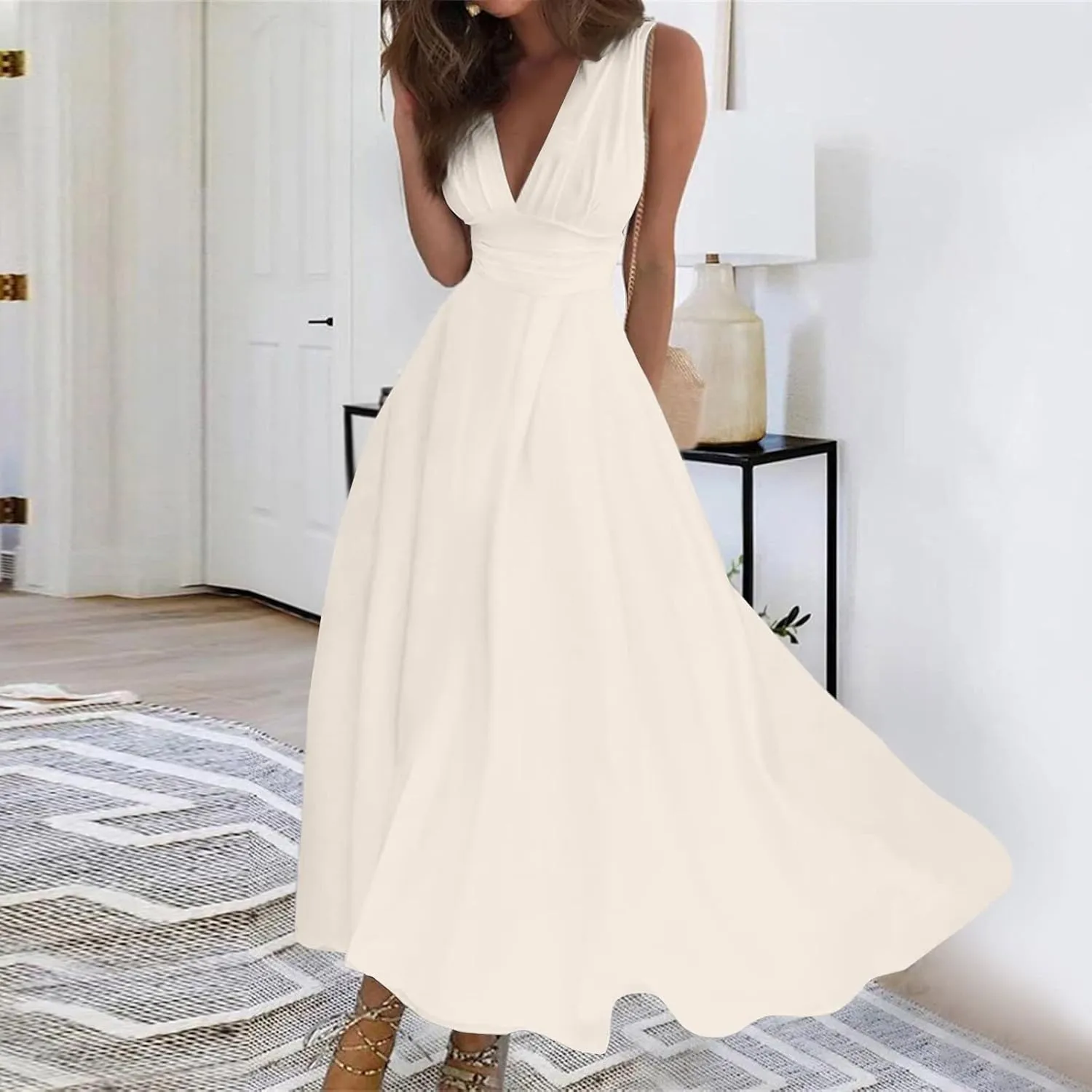 Yesunpxs Summer Dresses for Women 2024 Flowy Ruched Wrap V Neck Beach Dresses Sleeveless Printed Maxi Dress Boho Sundresses