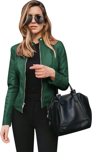 YMING Womens Faux Leather Zip Up Jackets PU Short Moto Coat Autumn Slim Fit Biker Outwear Plus Size